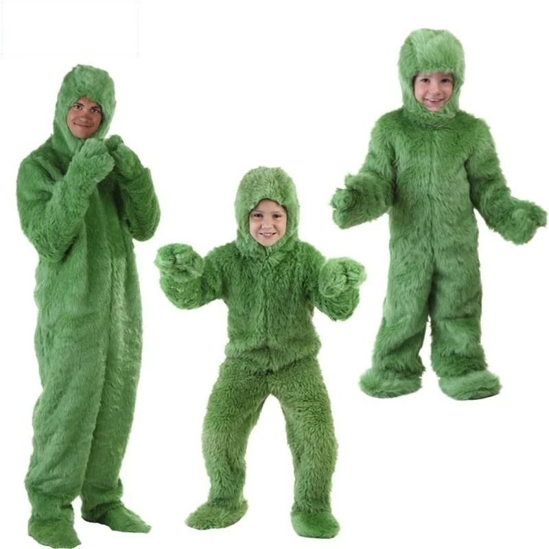 

2021 New Halloween Luxury Plush Green Fur Monster Kids Toddler Adult Cosplay Long Hair Savage Suit Party Christmas Costume