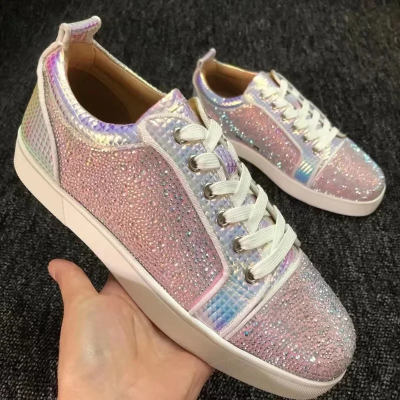 Pink Diamond Glitter Sneakers Men Women Sport Red Colorful Lace Up Flats Rhinestone Low Cut Silver Patent Leather Fashion Shoes