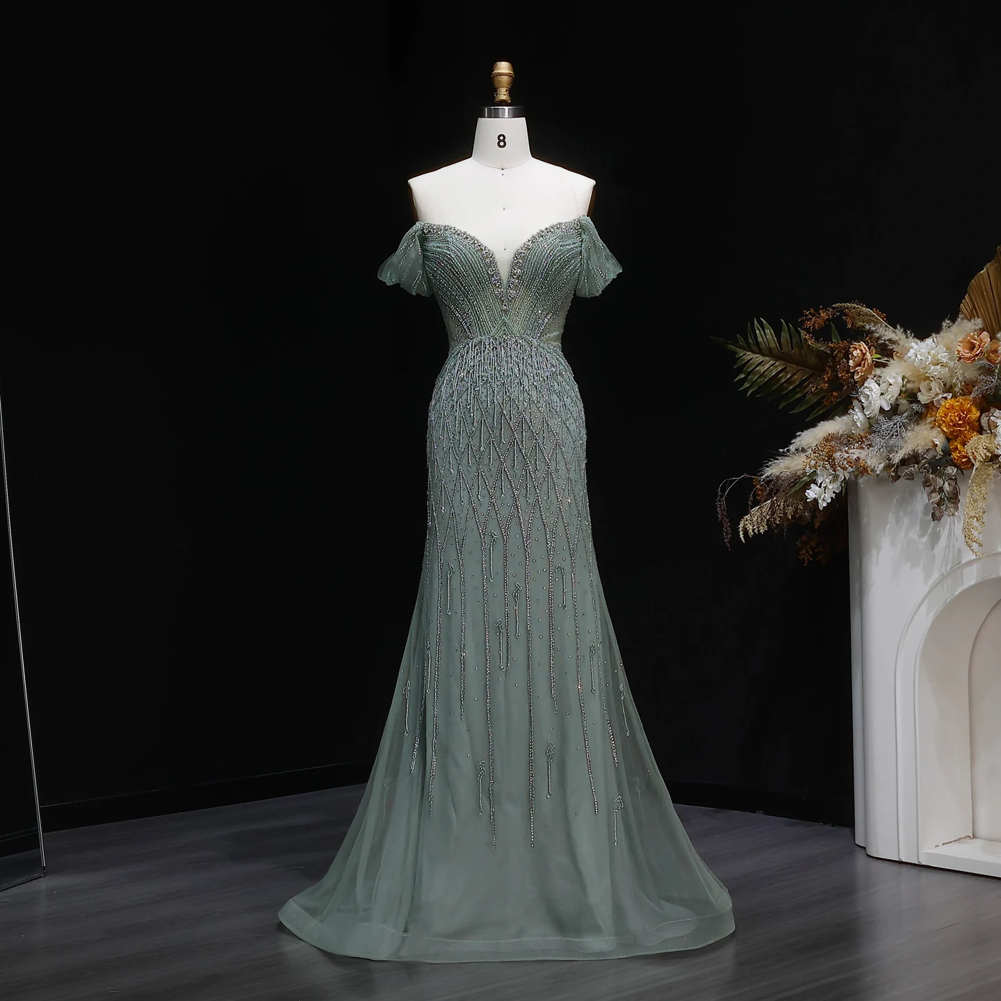 Sharon Said Atemberaubendes schulterfreies, rosafarbenes, mit Perlen besetztes Meerjungfrauen-Abendkleid mit Herzausschnitt, luxuriöses Dubai-Hochzeits- und Abschlussballkleid SS003, maßgeschneidert – Detail 8