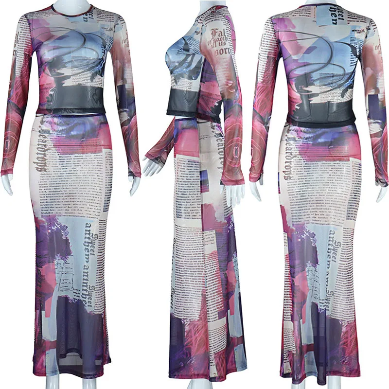 Sexy carta cor impressão maxi vestido define feminino conjunto de duas peças malha pura manga longa o pescoço colheita superior e saia longa conjuntos de correspondência