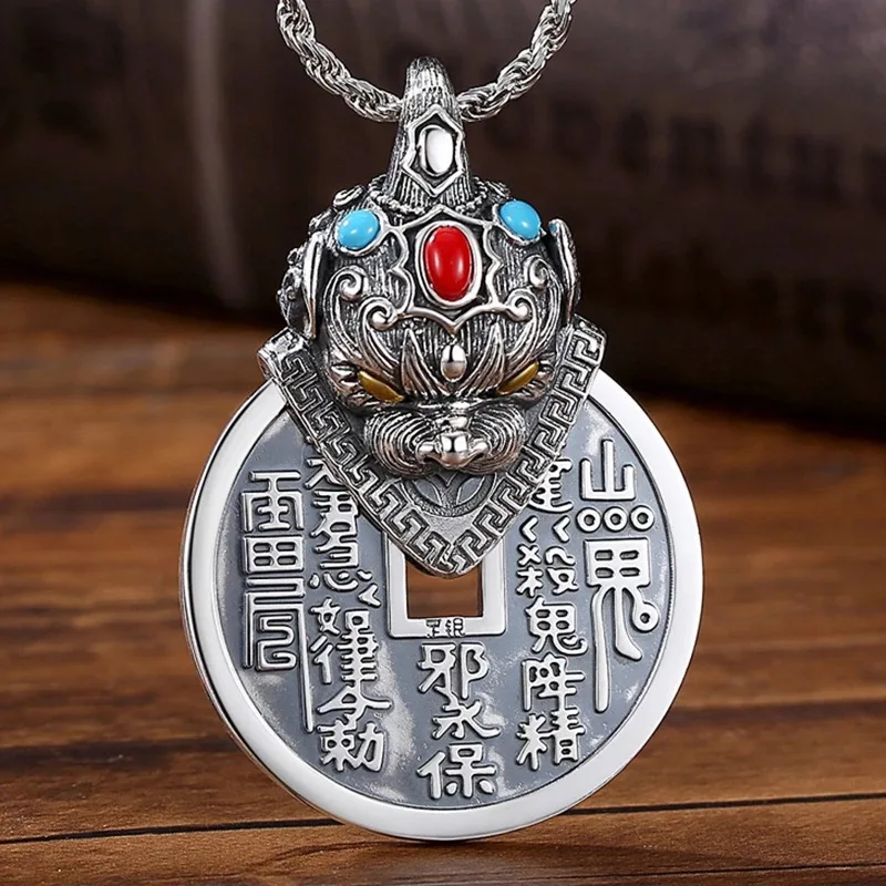Vibrant Enamel Pixiu Talisman Mountain Spirit Coin Pendant Mens Statement Necklace Unique Ethnic Vintage Style Fashion Accessory