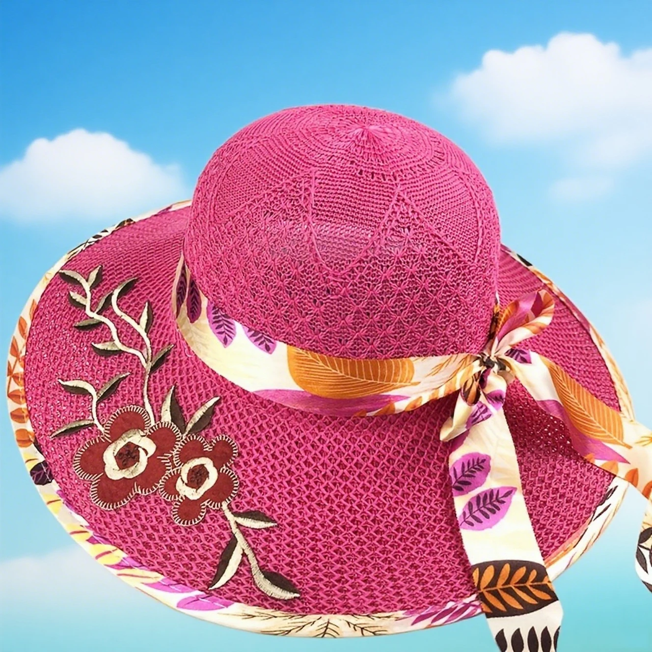 Summer new style sunshade basin cap, printed knitted large-brimmed cool hat, women's flower sun protection hat