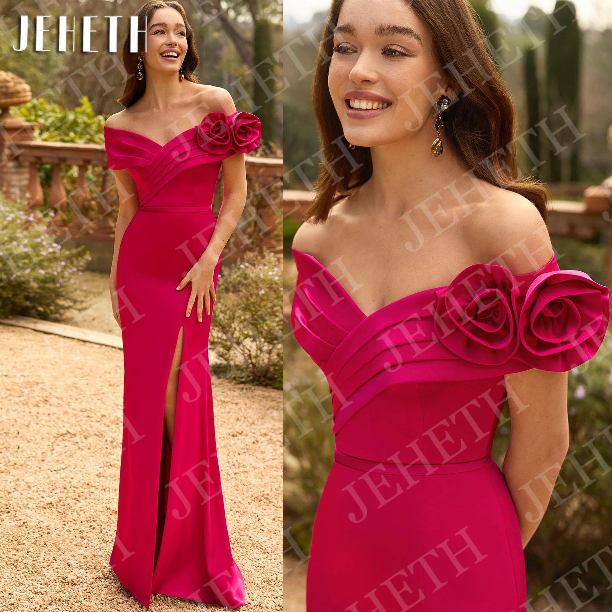 

JEHETH Off Shoulder Satin Evening Dresses 2026 Mermaid High Slit Formal Wedding Guest Dress Woman Customized vestido de festa