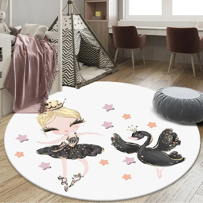 Ballerina Bedroom Carpet Cute Cartoon White Girl Room Round Carpet Home Decoration Non-Slip Floor Mat