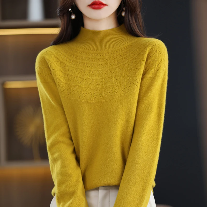 Pertama Iine siap untuk memakai 100% sweter wol murni sweter rajutan berongga Somen Sweater musim gugur dan musim dingin atasan setengah leher tinggi baru