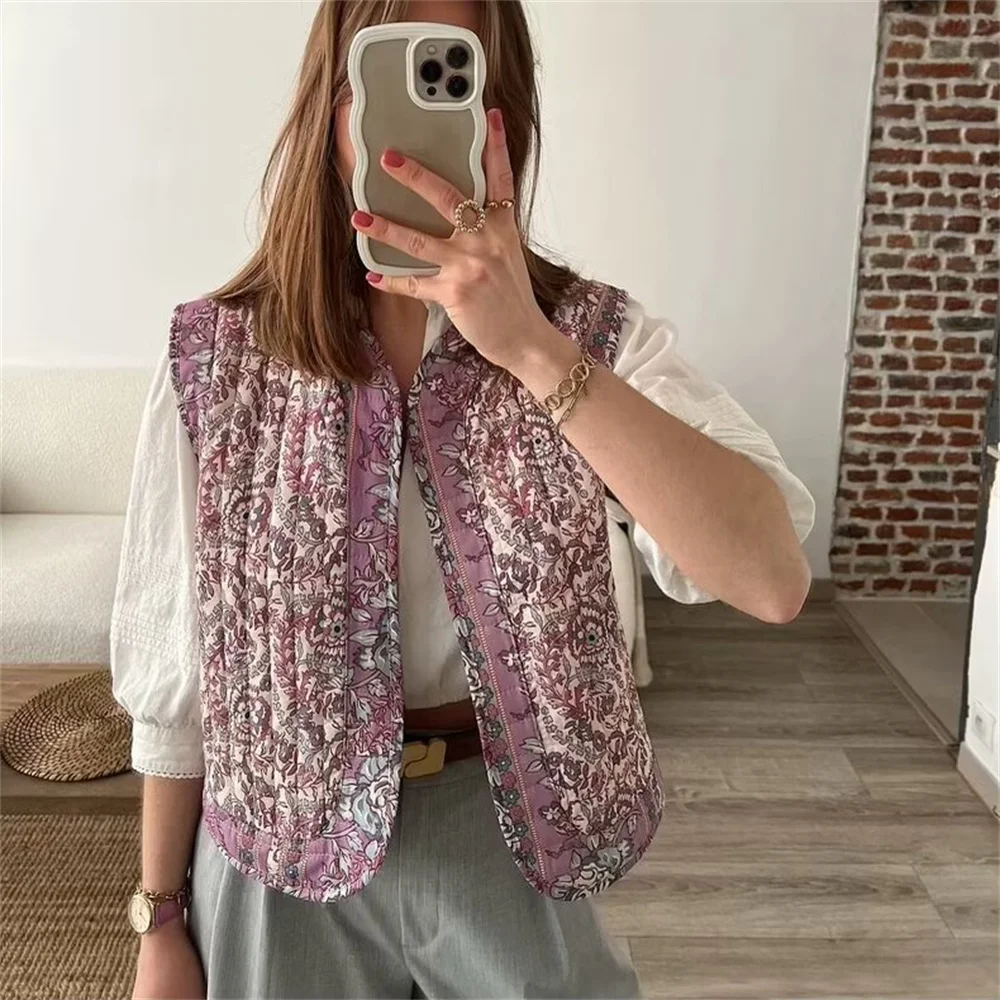 

Autumn/Winter New Product Women's Casual Versatile Printed Cotton Vest Button Free Loose Cotton Coat