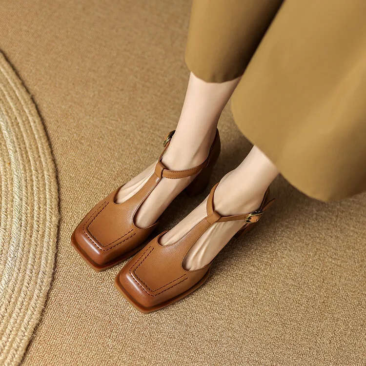 2023 Full Leather Thick Heel Square Head T-shaped Buckle Hollow Women's Single Toe Layer Cowhide Simple High Heel Baotou Sandals