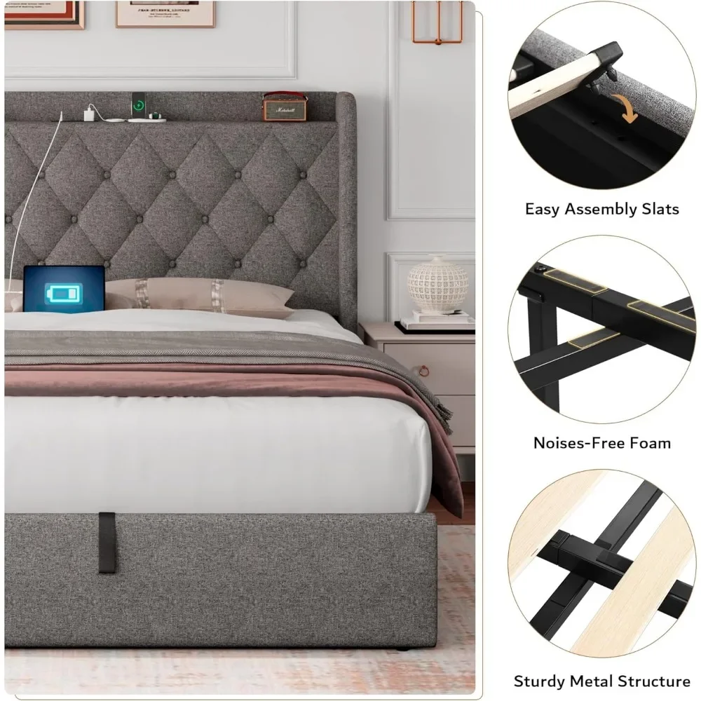 Cama Queen Size Frame com estação de carregamento, plataforma estofada, cabeceira adornada, armazenamento hidráulico