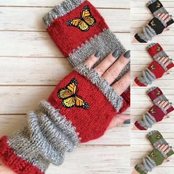 Retro Knitted Gloves For Women Butterfly Embroidery Pattern Wool Knitted Fingerless Mittens Girls Winter Gloves Christmas Gift