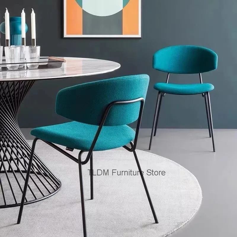 Curved Fabric Upholstered Dining Chair Thin Bent Metal Leg Padded Seat Minimalist Stackable Side Chair For Restaurant Home