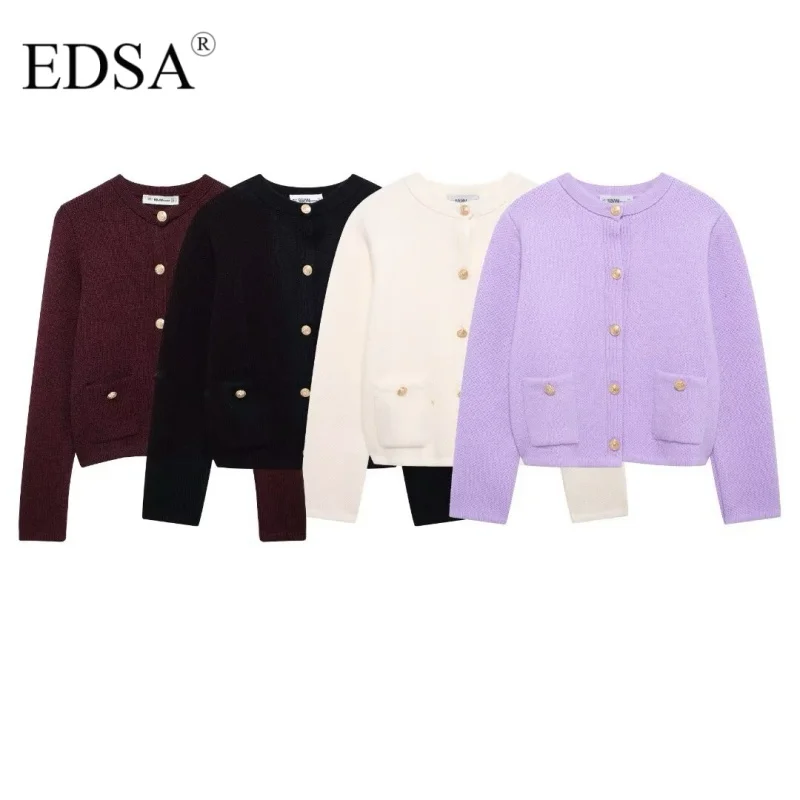 EDSA Women Knit Cardigan with Golden Buttons Round Neck Long Sleeves Patch Pockets Spring Autumn Single Breasted Sweater Coat