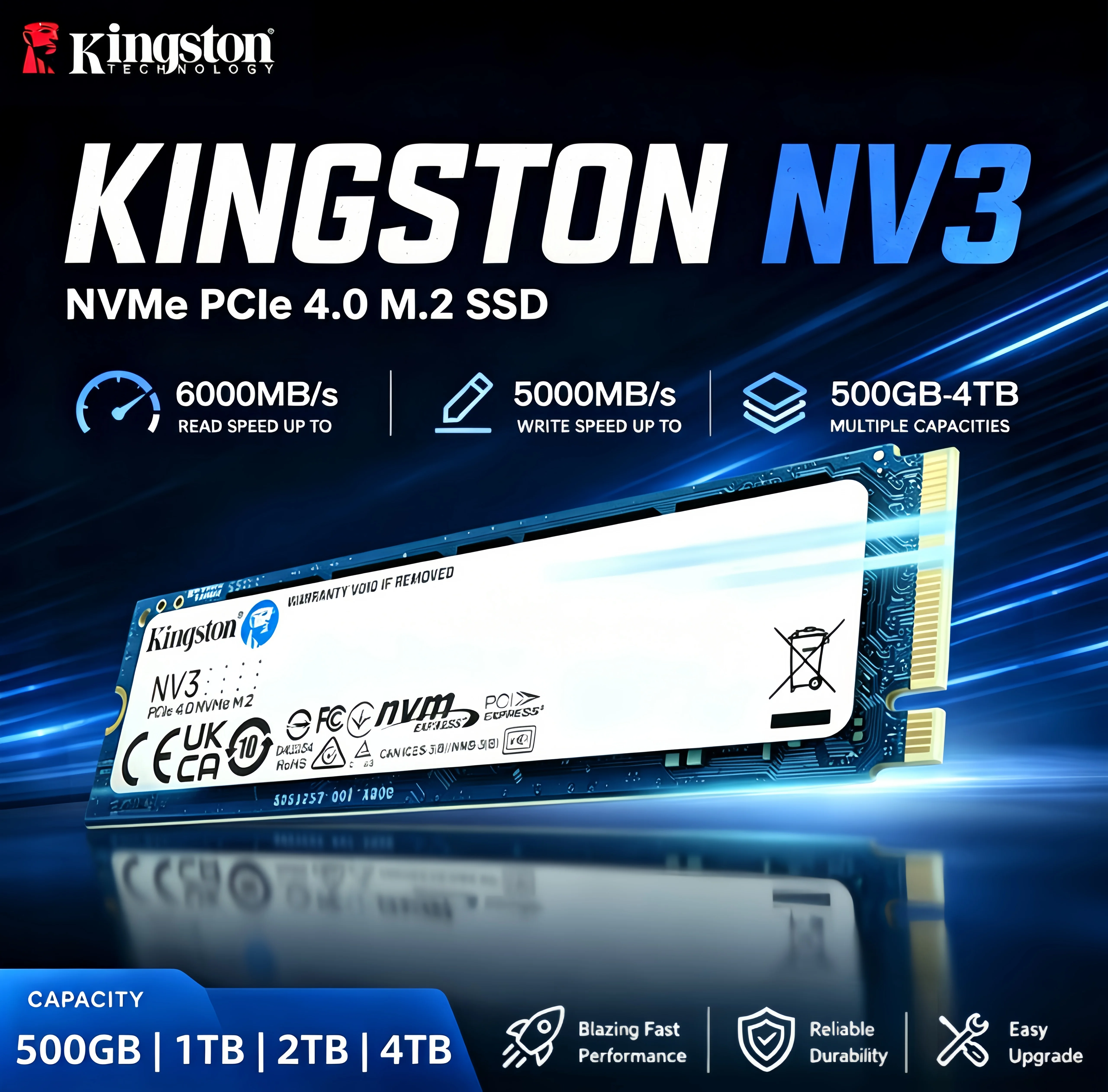 

Kingston NV3 PCIe 4.0 M.2 2280 NVMe SSD Internal Hard Drive 500GB 1TB 2TB Up to 6000Mb/s Original Solid State Drive Hard Disk