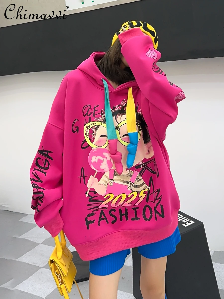 Mode Schwere Graffiti Große Größe Fleece Verdickt Mit Kapuze Sweatshirt frauen Winter Neue Lose Lange ärmeln Mid-länge lose Tops