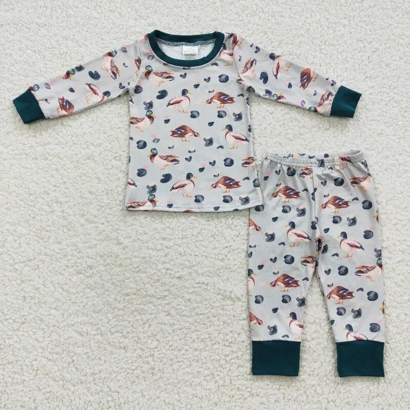 Toddler boys clothing sets mallard print boy's shirt with pants 2 pcs outfits cotton silk pajamas for children