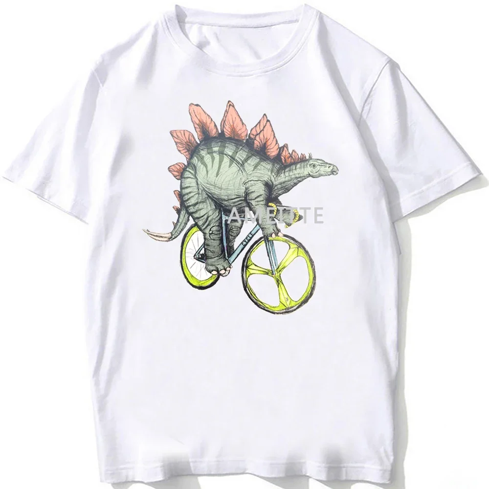 

High-Quality Stegosaurus Cycling T-Shirt Unisex Men Funny Animal Ride Bicycle Art TShirt Hip Hop Loose White Bike Sport Boy Tees