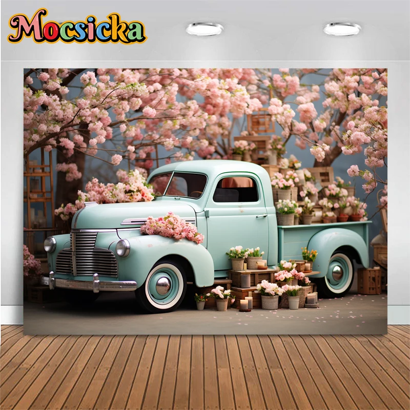 Mocsicka Pink Flower Truck Background For Photography Baby Shower Newborn Children Birthday Spring Backdrops Decor Photo Studio