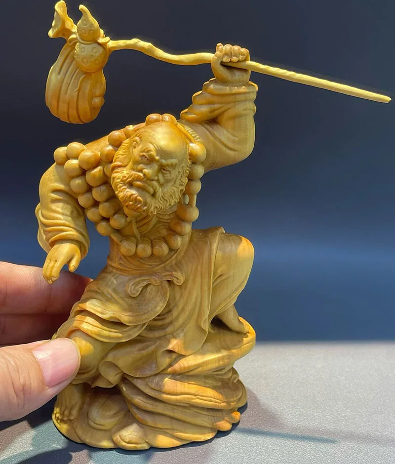 Q5099 - 15 x 13 x 6 Boxwood Carved Figurine - Damo Kongfu Monk