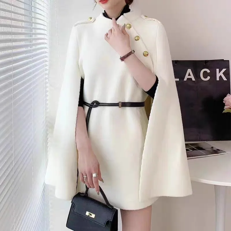 

Fashion Single Breasted Rivet Poncho Coat Women Loose Sleeveless Midi Cape Cloak Autumn Winter Solid Woolen Jacket Overcoat