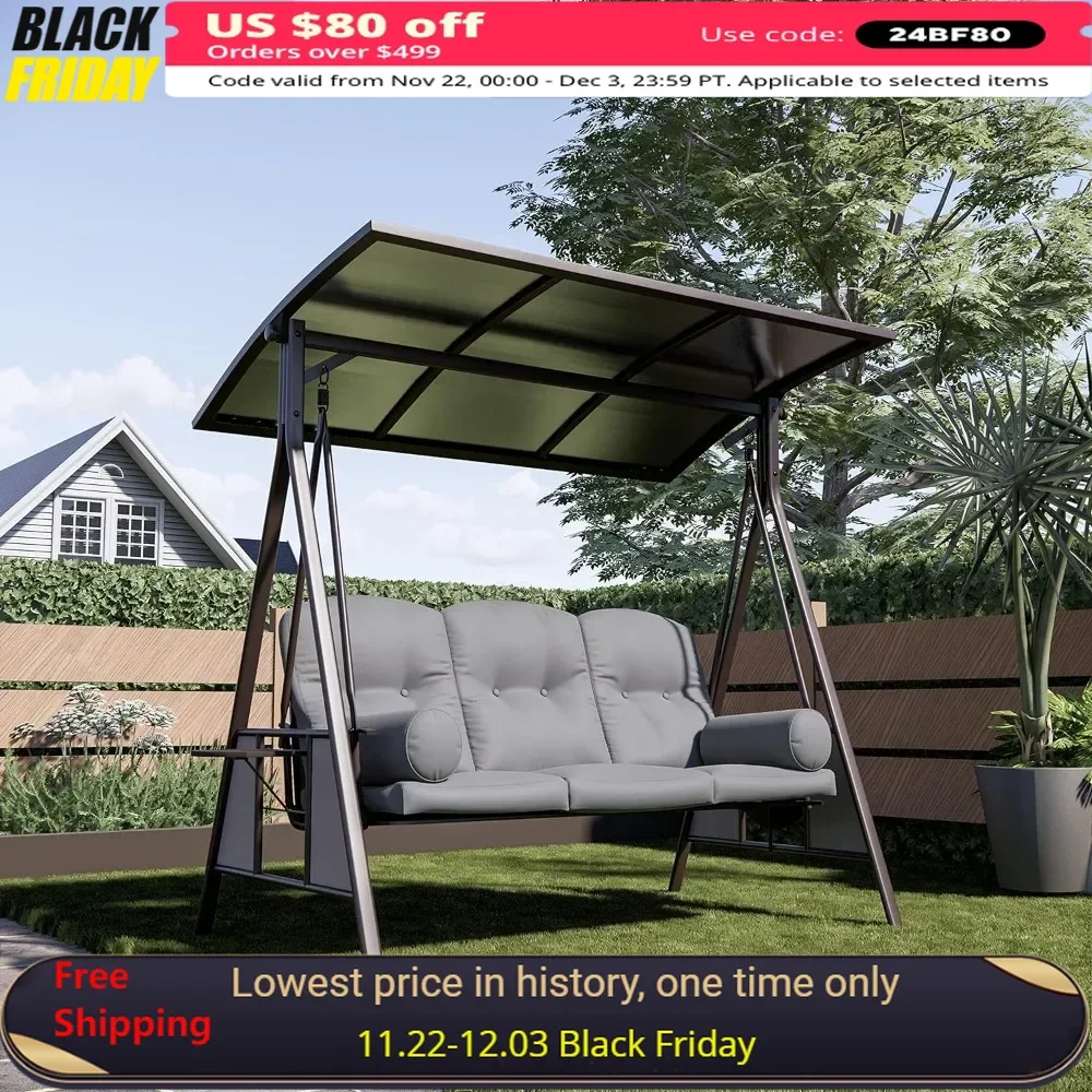 

Outdoor Porch Swing with Hardtop, 3-seat, Adjustable PVC Canopy, Side Cup Holder, Cushions and Pillow, Outdoor Swing