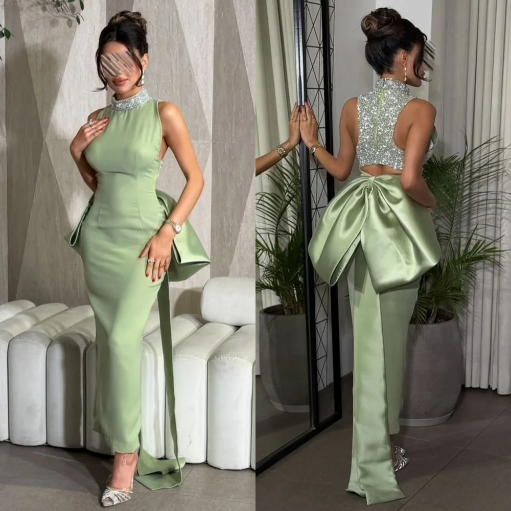 

Customized Matching Classic Jersey Bow Beading Sequined Straight High Collar Midi Dresses Evening Dresses Intricate High Quality