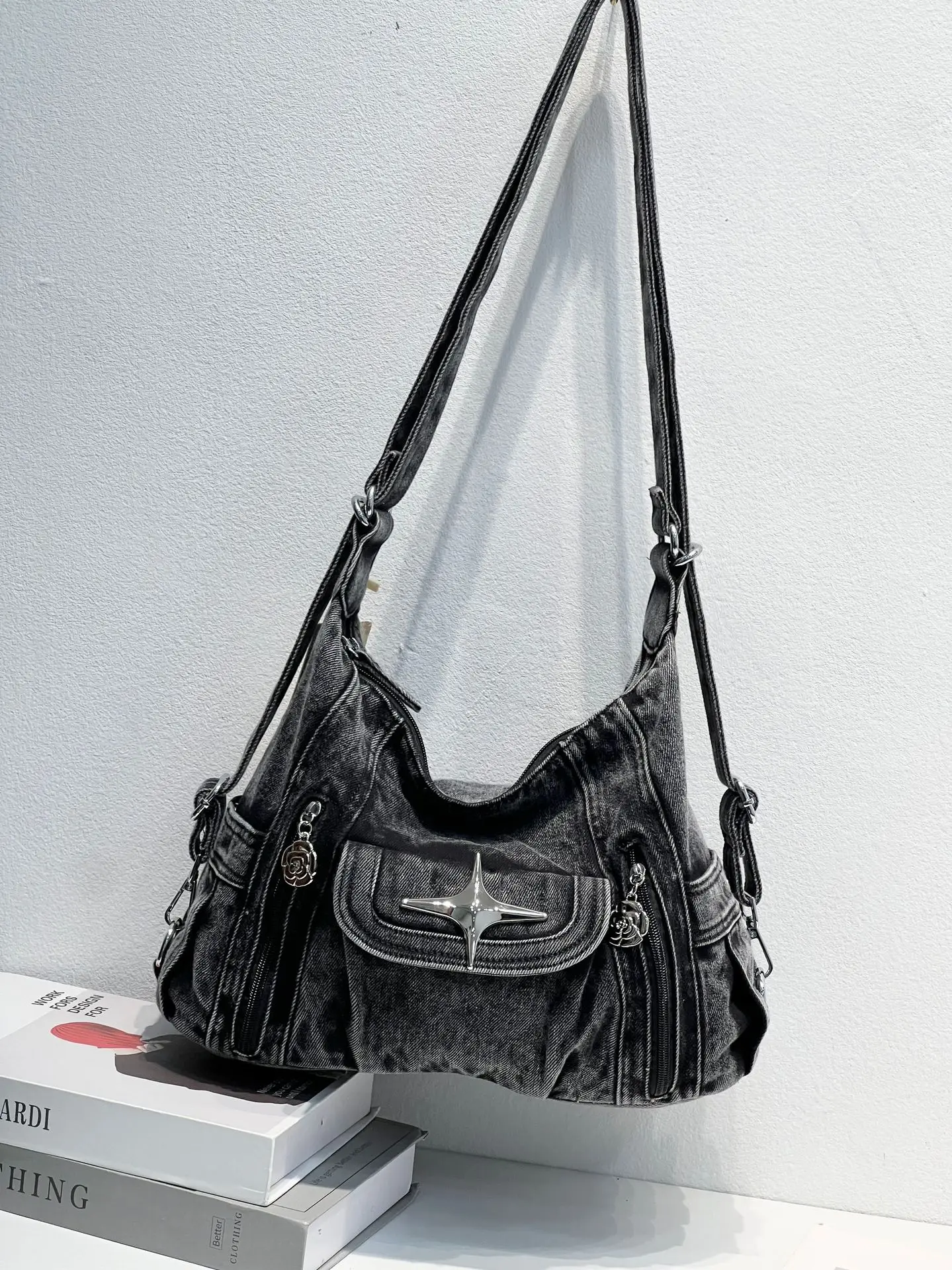 iPinee new design retro washed denim multi-functional shoulder bag versatile large capacity tote bag