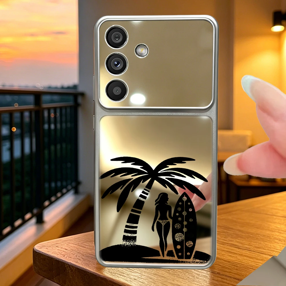 Luxury Mirror Phone Case For Samsung Galaxy A53 A54 A55 A56 A57 A73 F17 F36 F56 M17 M36 M56 4G 5G Soft Cover Surfing Palm Trees