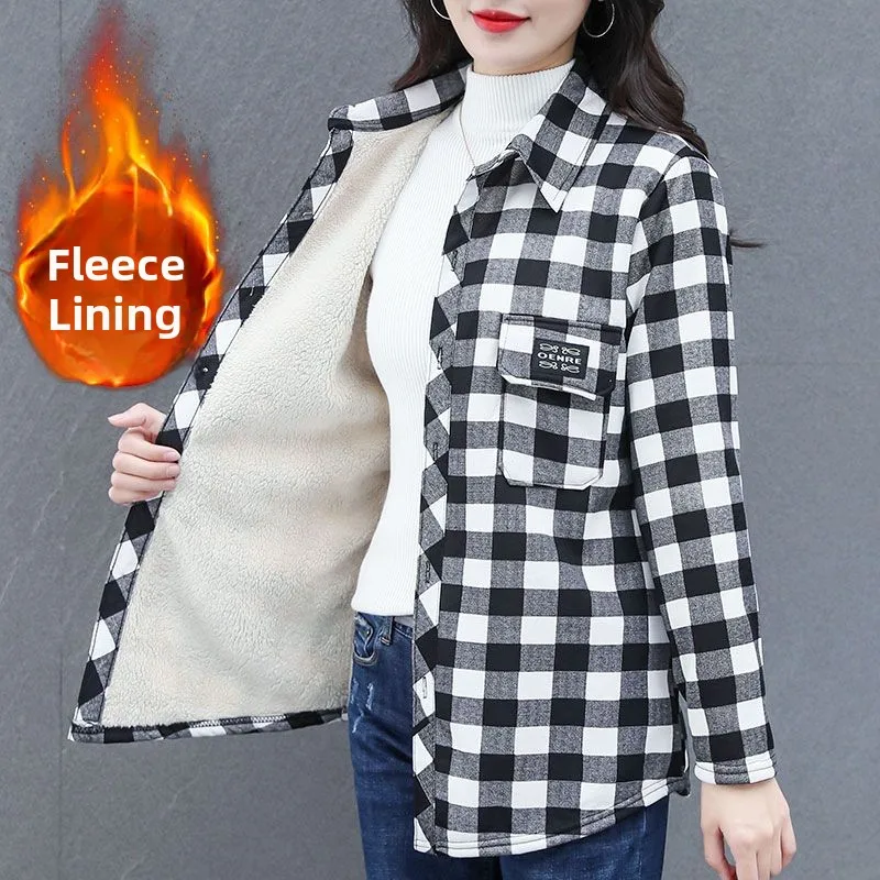 

plus Size Warm Fleece Lined Loose Midi Shirt for Women Autumn Winter Plaid Mommy Clothes Chinese Style Long Sleeve Collar