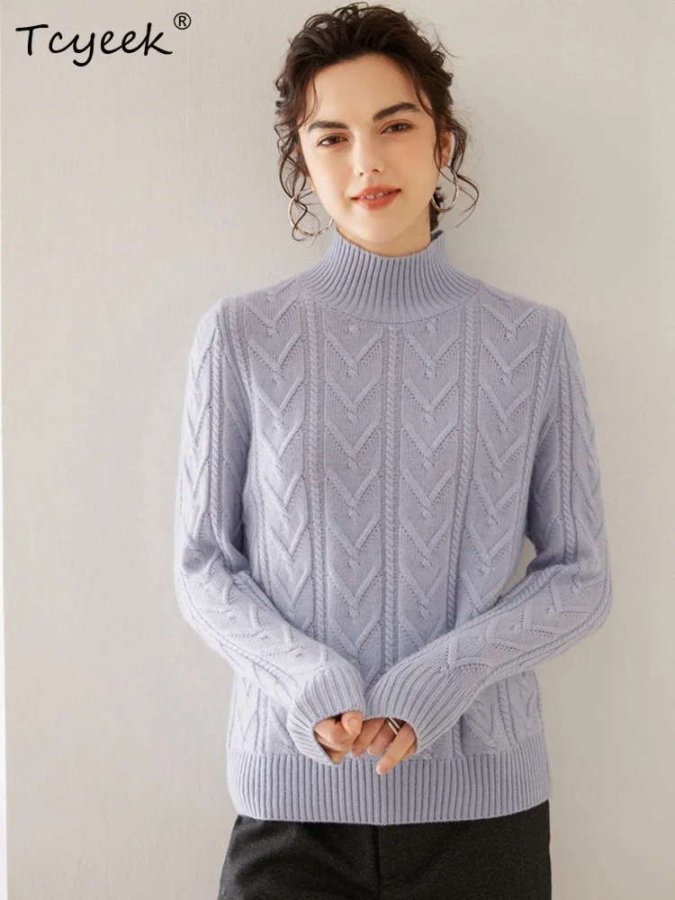 

Tcyeek, Cashmere Wool Sweaters, Women Mock Neck Twisted, Elegant Fashion Loose Pullover, 2024 Autumn Winter New Top T48356QM