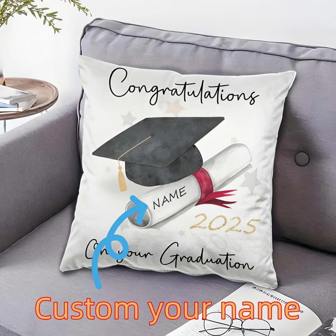 Customized polyester fiber pillowcase, personalized zipper photo cushion cover for graduation gift, machine washable modern