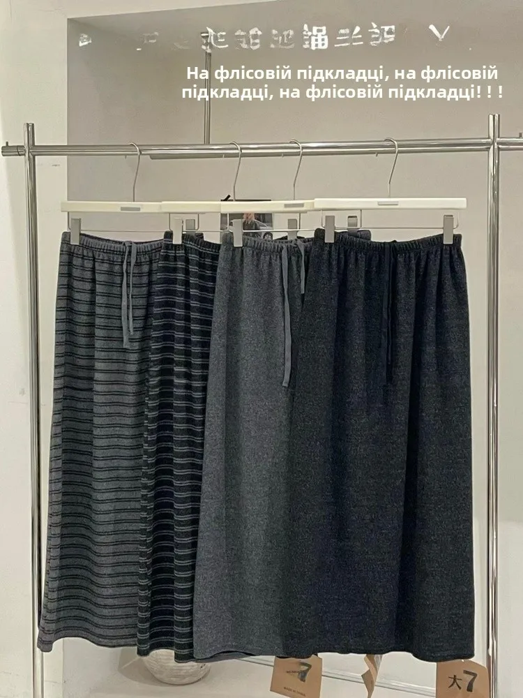 Loose Fleece-Lined Straight Leg  Skirt for Women Winter Casual Comfortable plus Size Copy Cashmere Drawstring Skirt