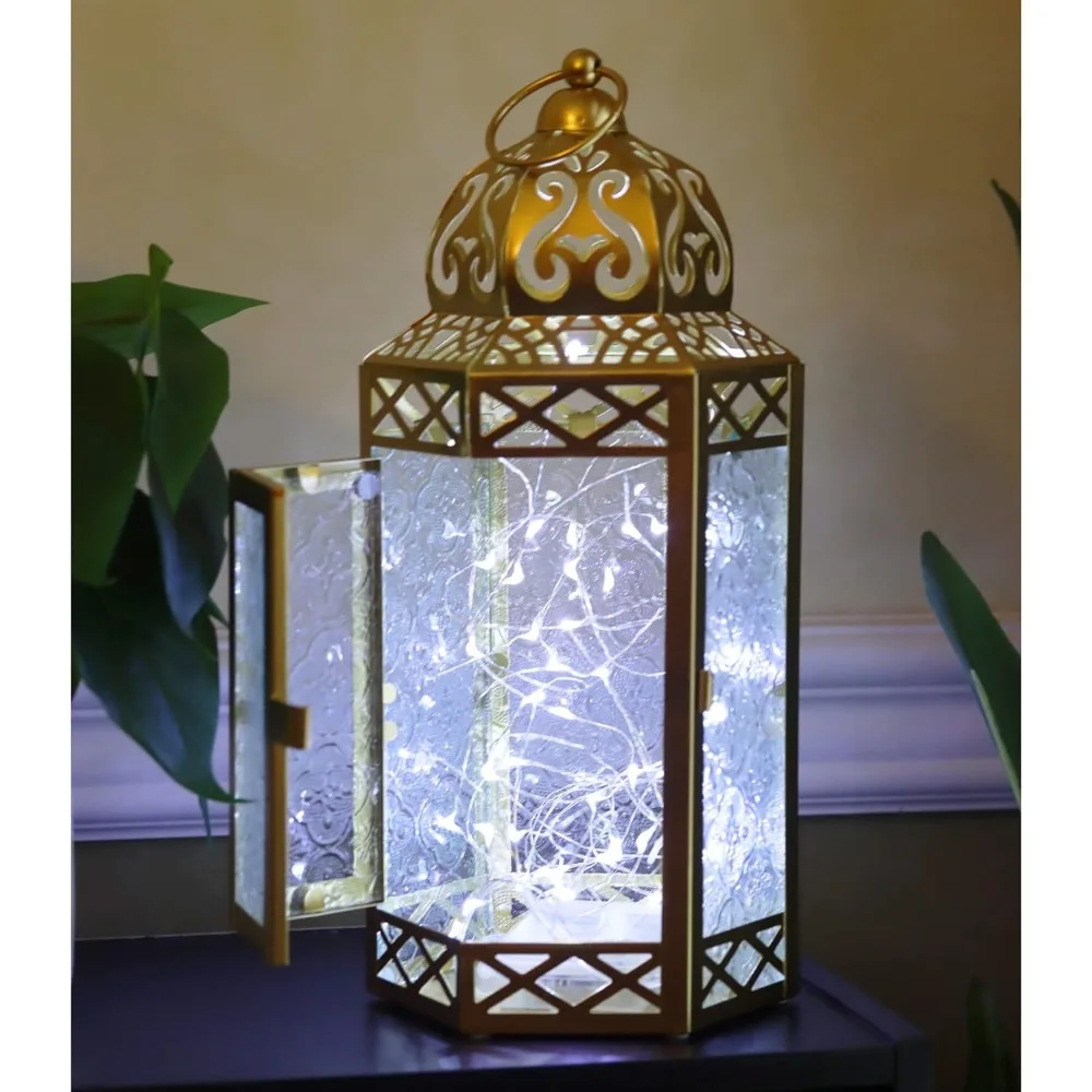 فوانيس فيلا 12 قطعة LED سلسلة أضواء خرافية حامل شموع فانوس مغربي مزخرف، زجاج كوبالت، كبير