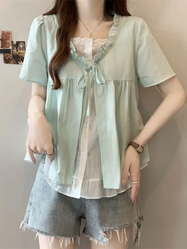 Sweet Short Sleeve Shirt Women's Summer Slimming Design Anti-Aging Elegant Fashion Top Korean Style Loose Fit with Buckle