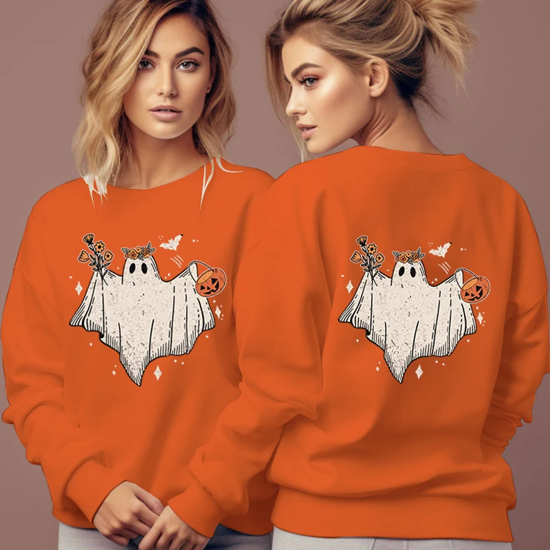 Women's Cartoon Halloween Hoodies Funny Flower Pumpkin Ghost Print Pullover Long Sleeve Fashion Trend Halloween Sweatshirts