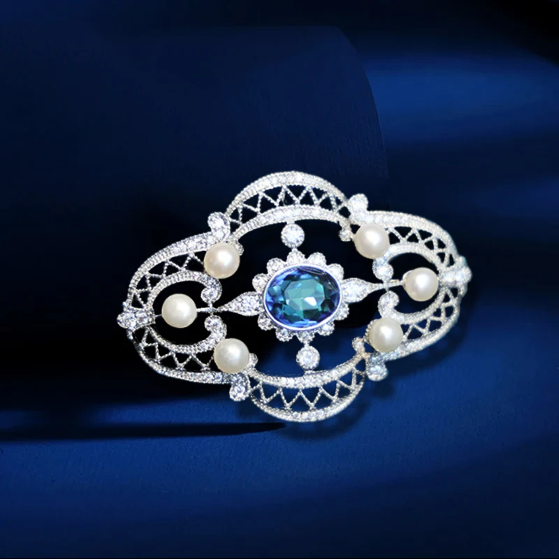 OKILY Palace Style Real Pearl Geometry Brooch Pin for Women Clothing Broche Zircon Lace Design Corsage Coat Accessories Jewelry