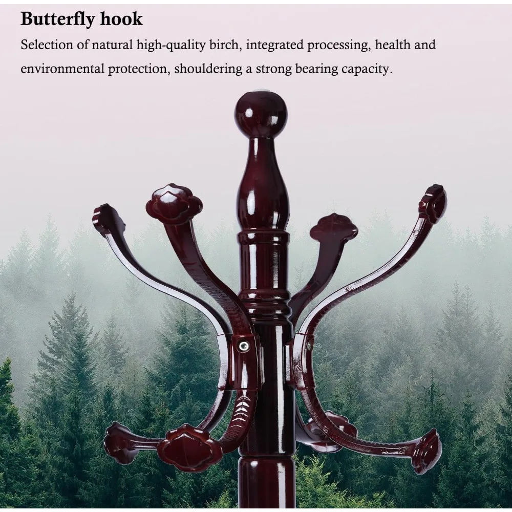 شجرة معطف خشبية صلبة شديدة التحمل مع 14 خطافًا، رف قائم بذاته بقاعدة قوية، لمسة نهائية من خشب البتولا الطبيعي لتخزين المدخل #2