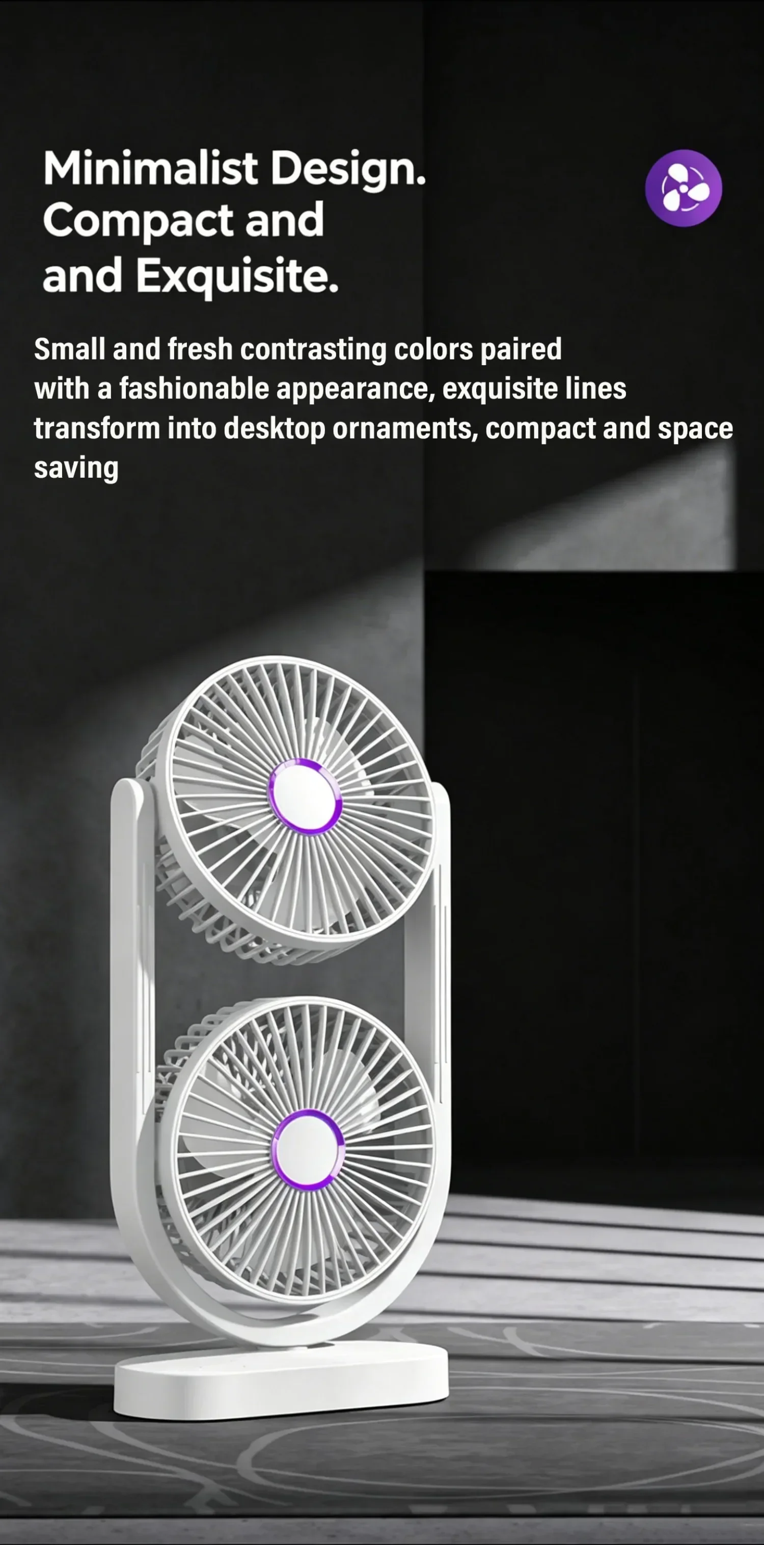 Dual-Head-Schreibtischventilator mit unabhängiger Steuerung, USB wiederaufladbar, 3 Geschwindigkeitsstufen, 360° verstellbar ° Geräuscharmer Twin-Turbo-Lüfter für Büro und Zuhause – Detail 18