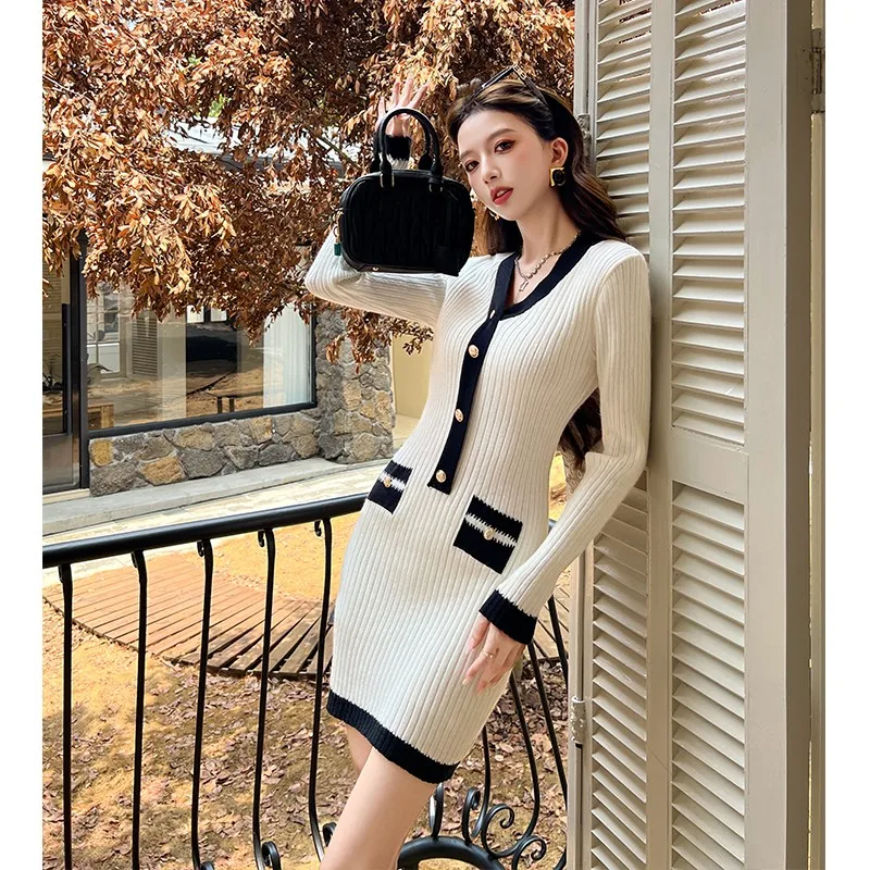 Chic V Neck Sweater Dress Women 2025 Autumn Arrival Long Sleeve Knitted Mini Dress Korean Style Patchwork Elegant Dress Women