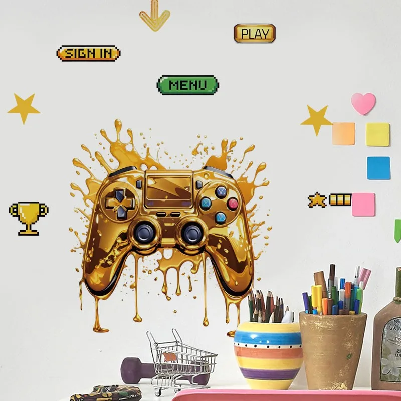 Cool Golden Game Gamepad 3D Vinyl Walls Art Mural Stickers for Home Kids Bedroom Gaming Room Gamer Zone Decoration Poster Decals
