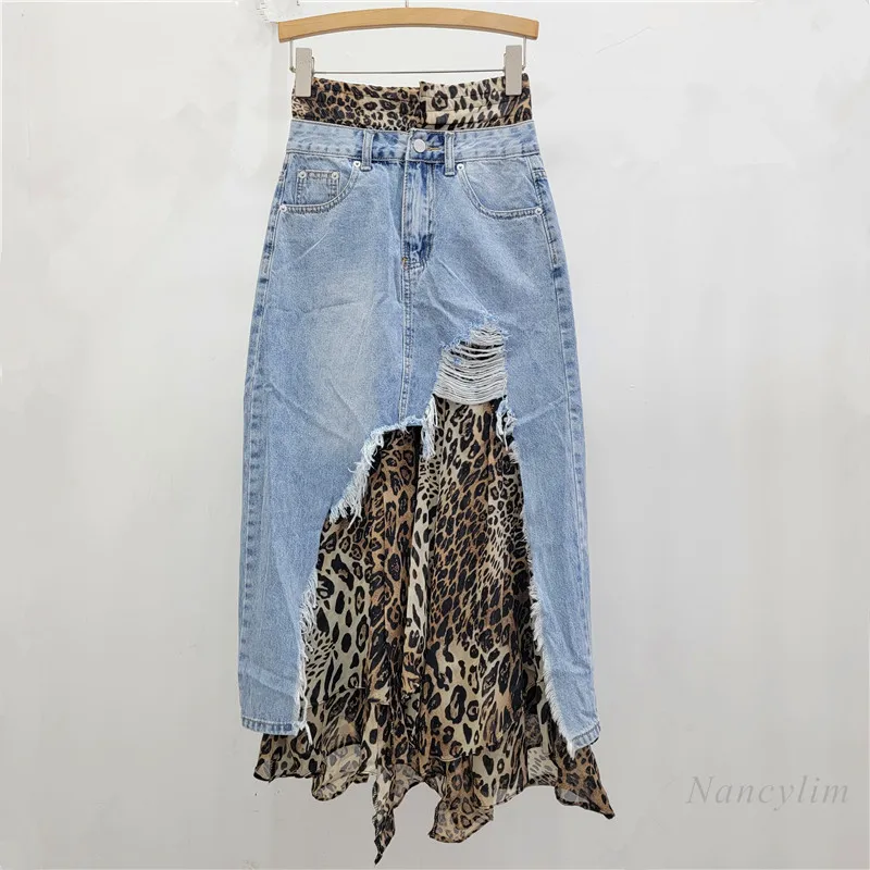 

Denim Leopard Print Splicing Fake Two-piece Skirt Women Spring Autumn New Slimming Spice Girl Style Irregular Skirts