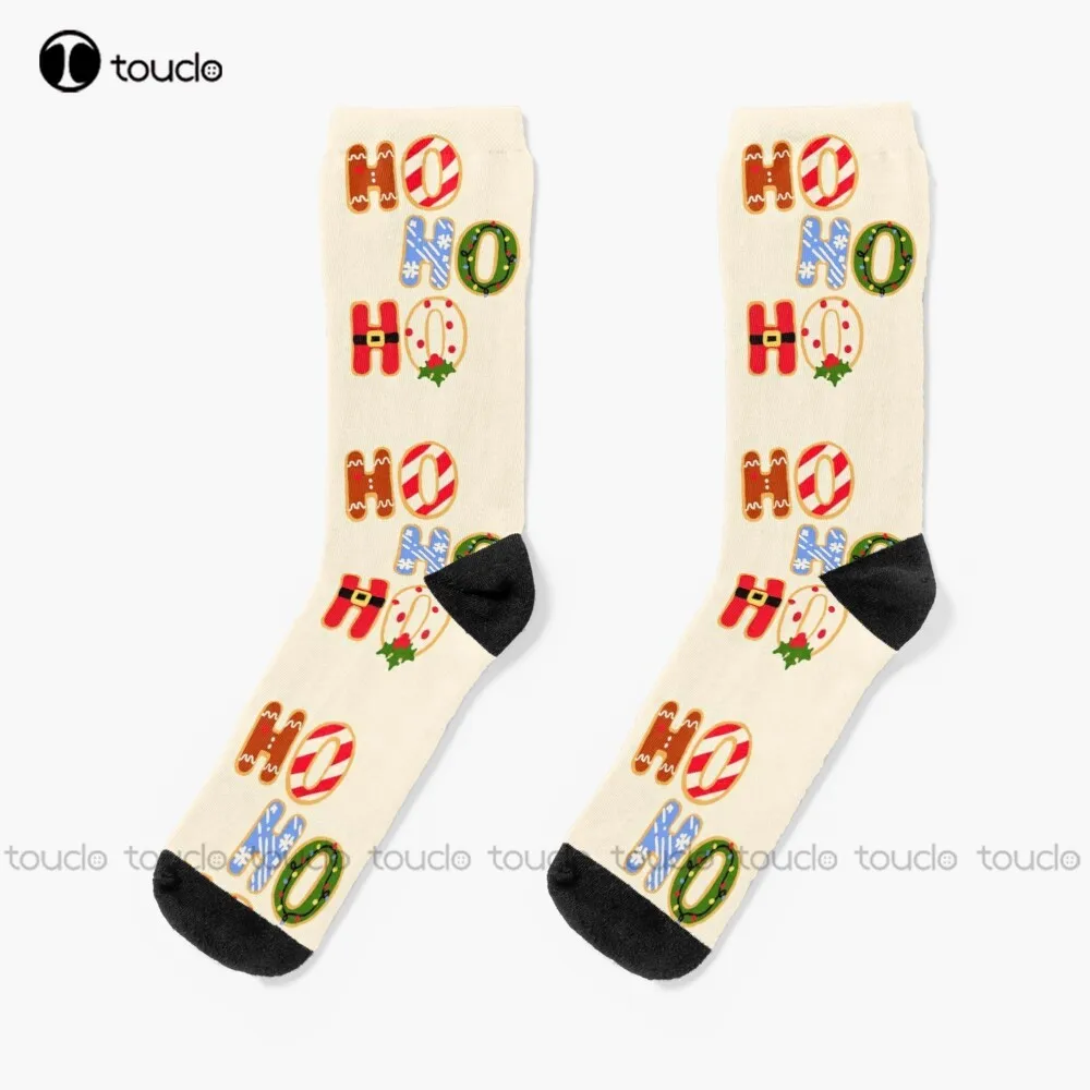 Ugly Holiday Sweater | Gingerbread Cookie - Ho Ho Ho Christmas Letter Cookies - Sticker Socks Winter Socks For Women Custom