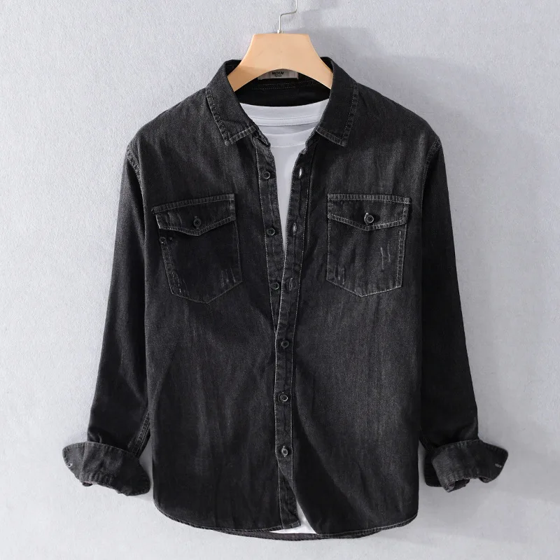 Black Washed Denim Shirt Men\'s Clothing Cotton Casual Wear Retro Distrssed Jeans Tops Long Sleeve Cargo Loose Oversize Fashion