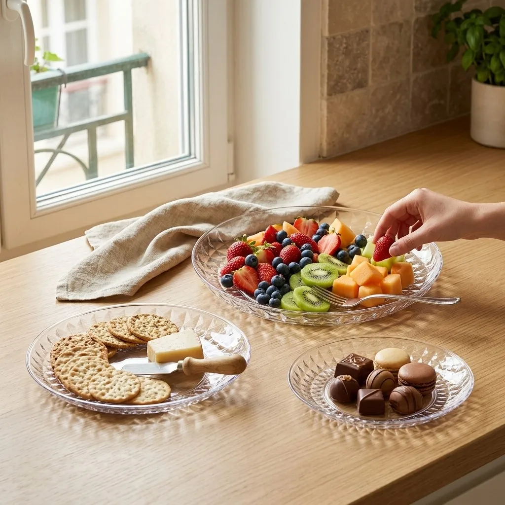 Reusable Plastic Food Plates Dinnerware Stackable Fruit Cake Dessert Plate Shatterproof Appetizer Serving Dish Party Picnic