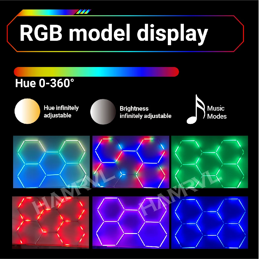 RGB Hexagon LED Lighting Colorful Change Deco Light for Car Garage Gym Party Club Stage Gaming Sound pickup Wall Ceiling Dimming