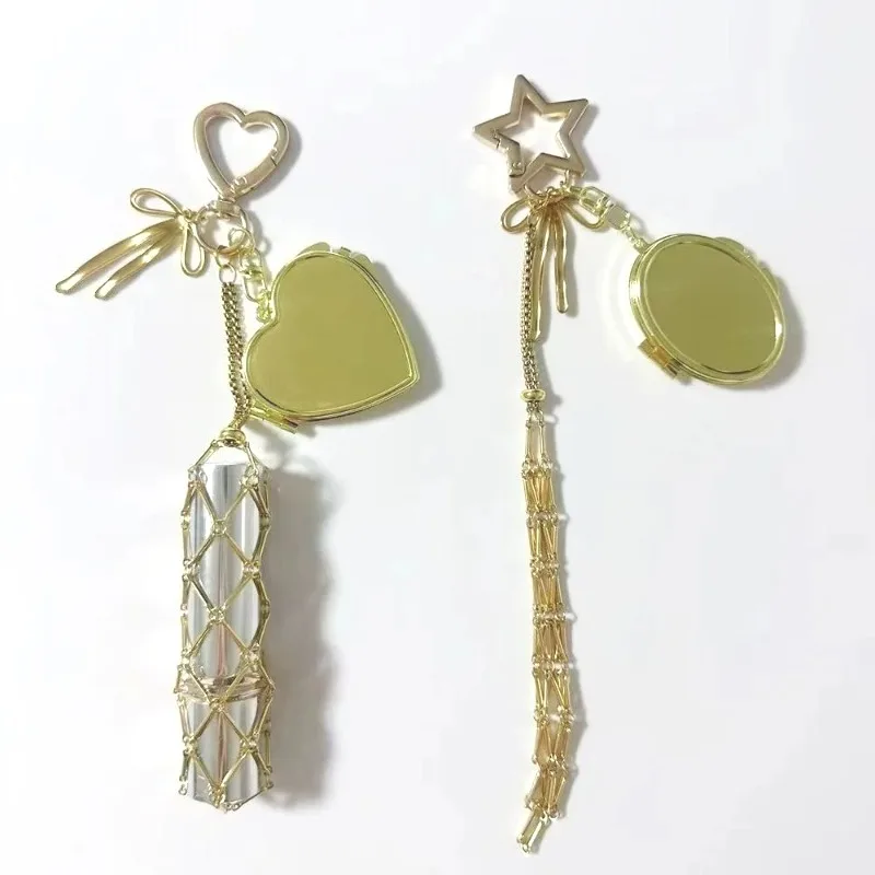 Kreative Lippenstift-Netztasche mit Bärenspiegel, Metallkette, Lippenbalsam-Beutel, Edelstahl-Tasche, Schlüsselanhänger, individuelles Logo, Geschenk für Frauen