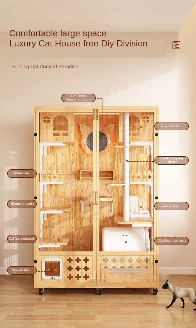 Luxury Wooden Cat House with Transparent Door and Built-in Lighting Hole back panel any DIY Tempered glass door