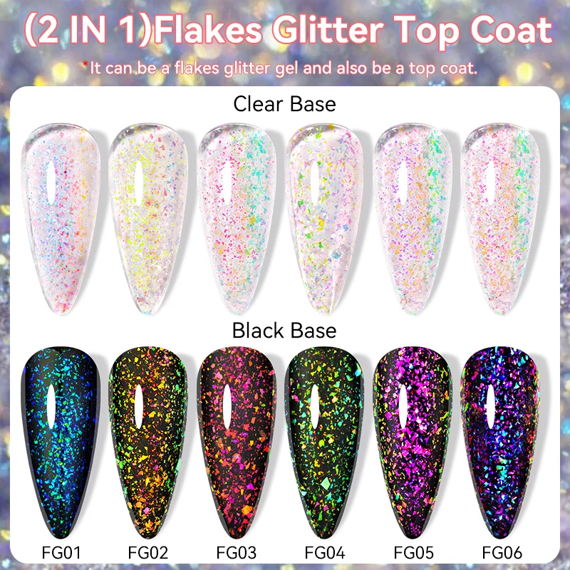 Lilycute-UVジェルネイルポリッシュ,半永久的,キラキラ,フレーク,トップコート,オーナメント,ワイプなし,ネイルアート,7ml, 2 in 1