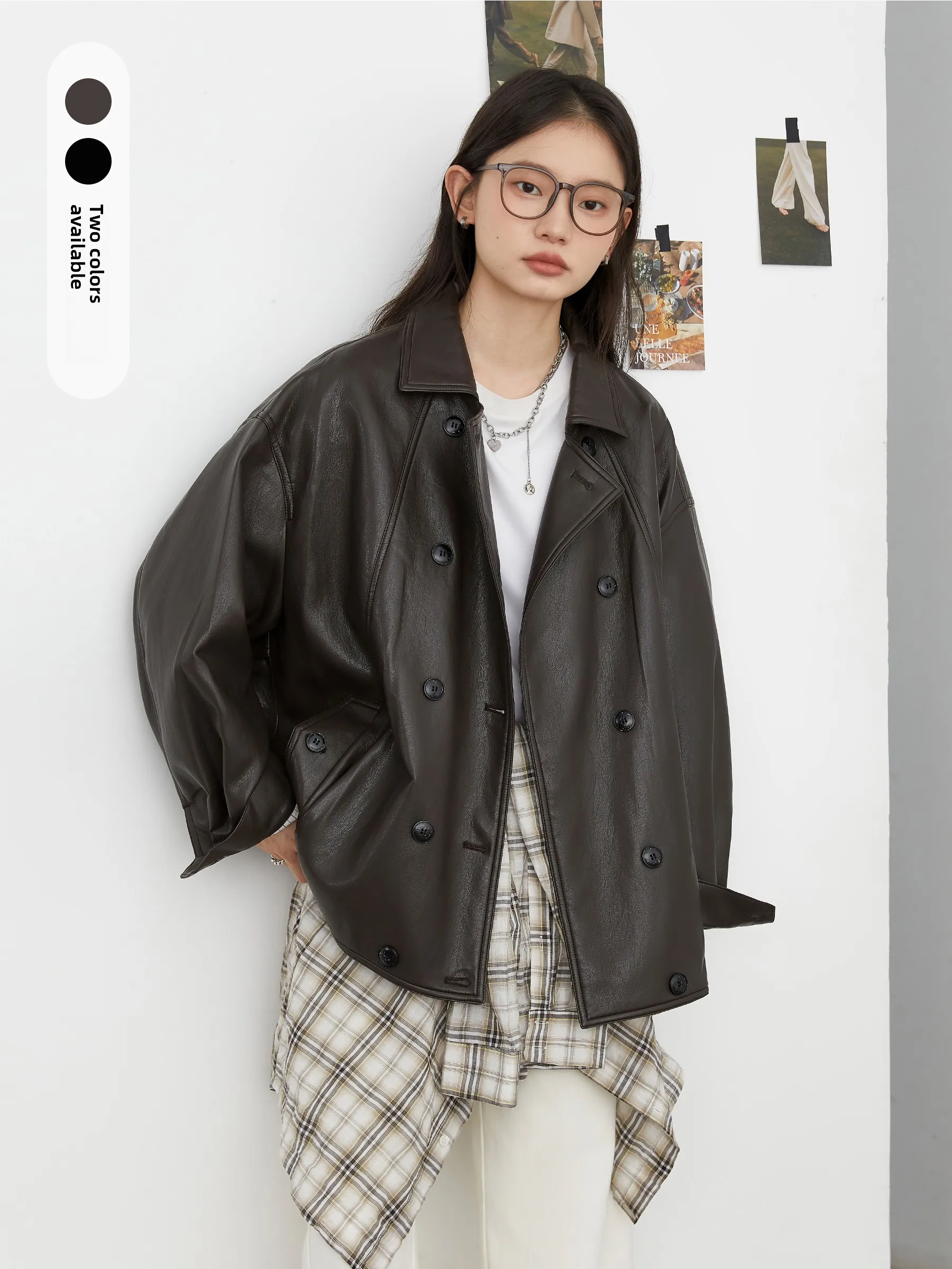 

CHICVEN Ретро мотоциклетная свободная двубортная куртка из искусственной кожи, длинное ветрозащитное пальто обычного кроя, молодежная модная верхняя одежда