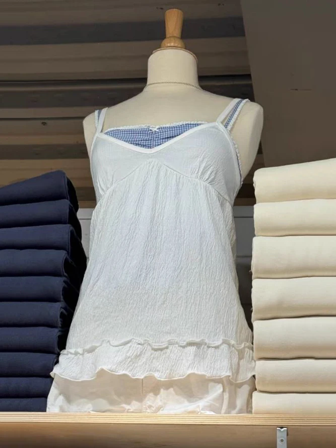 

Шикарная текстура с оборками по подолу, женская майка, летние сексуальные хлопковые топы на бретелях с v-образным вырезом и открытой спиной, женские белые простые тонкие длинные майки Y2k