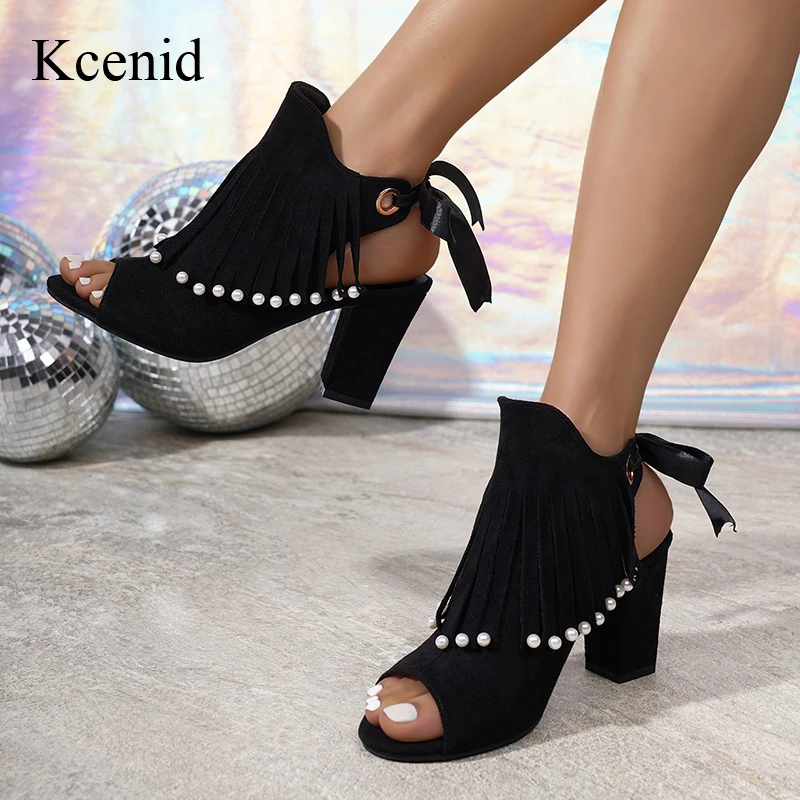 

Kcenid Summer New Fashion String Bead FRINGE Sandasl High Heels Lace-up Peep Toe Pumps Women Elegant Party Wedding Shoes Woman