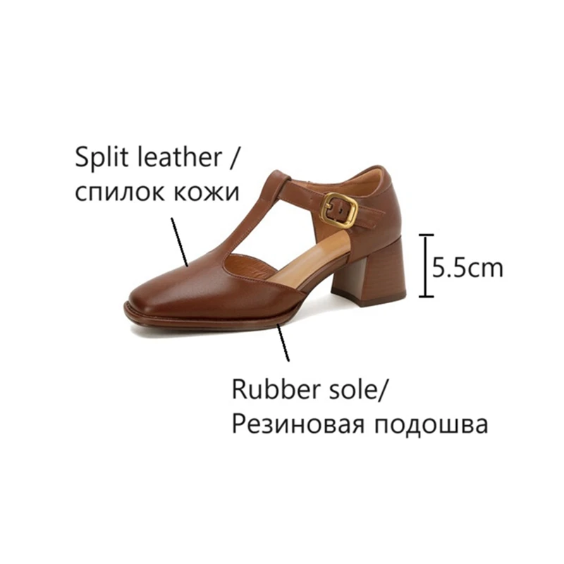 NEW Summer Women Sandals Split Leather Shoes for Women Square Toe Chunky Heel Shoes Retro Mid-heel Mary Janes Retro Black Shoes